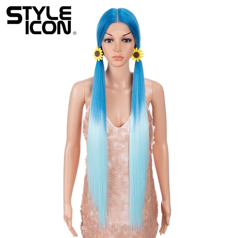 Style Icon 38" Super Long Straight Wigs 6" Deeper Middle Part Lace Lace Front Wigs Ombre Blue Color Synthetic Wig (38", GT BLUE/BLUE5)