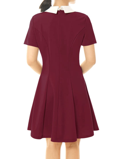 Allegra K Women's Flare Dress Halloween Contrast Peter Pan Collar Short Sleeves Wednesday Addam Dresses X-Small Burgundy