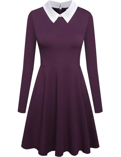 Aphratti Women's Long Sleeve Peter Pan Collar A-Line Fit and Flare Skater Dress Casual Fall Halloween Costumes Adult Purple Large