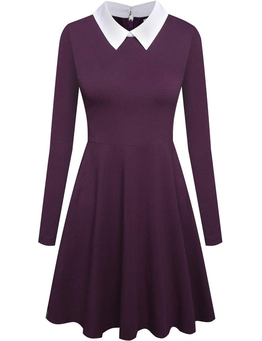 Aphratti Women's Long Sleeve Peter Pan Collar A-Line Fit and Flare Skater Dress Casual Fall Halloween Costumes Adult Purple Large
