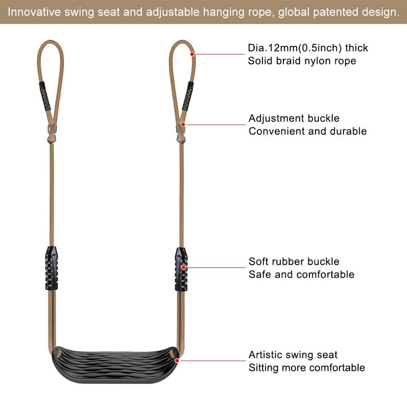 SELEWARE Plastic Swing Seat, Non Slip Tree Swing Set with Adjustable Rope and 4 Carabiners, Heavy Duty Playground Swing Set Accessories for Kid Indoor Outdoor Backyard, Black, 2 Pack