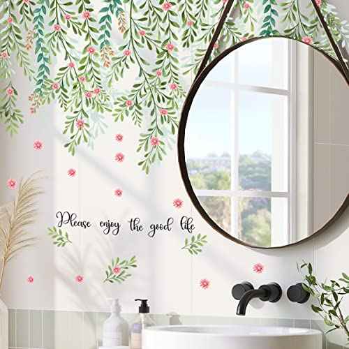 Runtoo Hanging Vine Flower Wall Decals Green Plant Leaves Wall Stickers for Bedroom Living Room Wall Art Decor