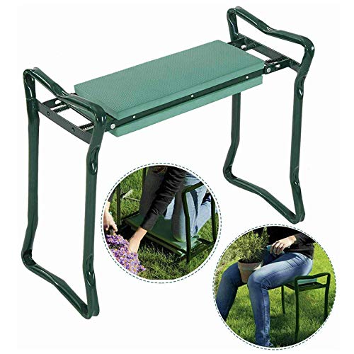 FIAMER Garden Kneeler Seat Folding Stool Work Seat Flower Planting Grass Belt Tool Bag Camping Outdoor Portable Garden Stool with 1 Bonus Tool Pouches (23.5"x19.3", Green)