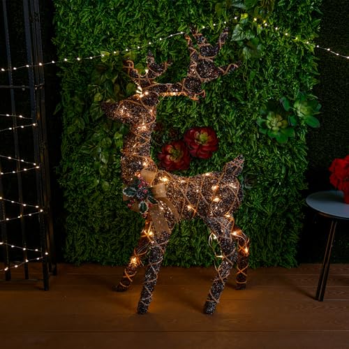 Alpine Corporation 48" Tall Outdoor Rattan Twig Grazing Reindeer Christmas Yard Decor with 80 Warm White LED Lights, Brown