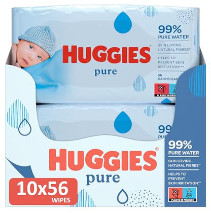 Huggies Pure Baby Wipes - Pack of 10 (10 x 56 Packs, Total 560 Wipes)