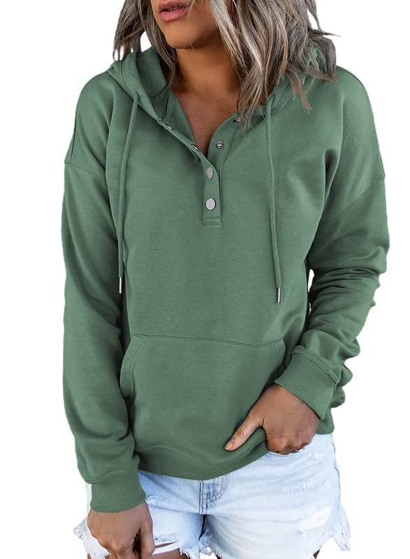 Dokotoo Hoodies for Women Early Fall Fashion Drawstring V Neck Long Sleeve Front Button Collar Hooded Pullover Hoodie with Pockets Winter Sweatshirt Loose Fit Casual Ladies Shirt Tops Green X-Large