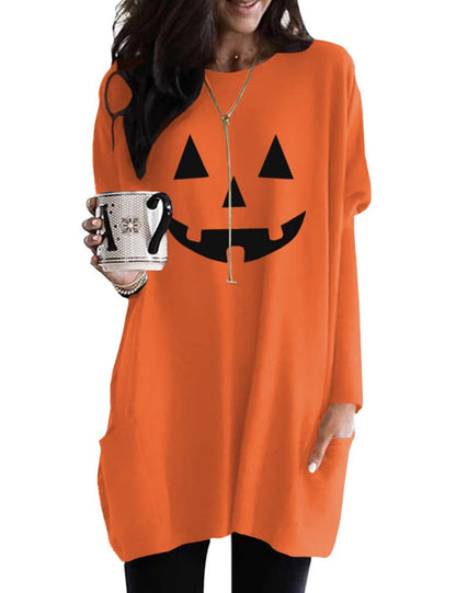 Poetsky Women's Pumpkins Tunic Tops for Leggings or Jeans O Neck Long Sleeve Halloween Costume Fun Tee with Pockets Orange L