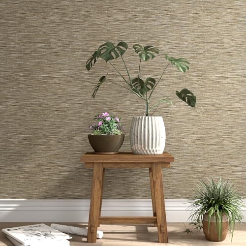 Brown and Gold Wallpaper Grasscloth Peel and Stick Wallpaper Faux Grasscloth Wall Paper Textured Woven Fabric Contact Paper for Bedroom Living Room Vinyl Grass Cloth Papel Tapiz 17.7"x80"