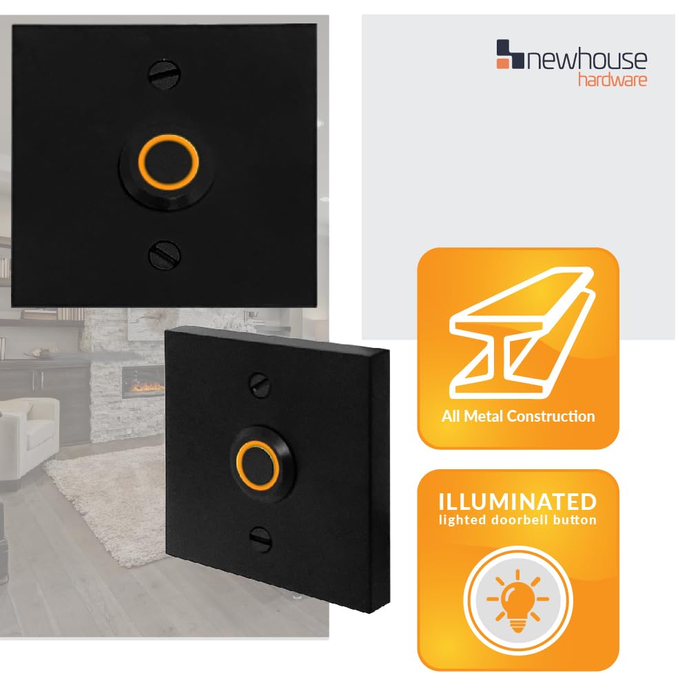 Newhouse Hardware Rectangular Lighted Wired Metal Doorbell Button in Black BT6BL, for Doorbell Chime, Buzzer, or Ringer, Door Bell Button Only, Buzzer Button with LED Button Light