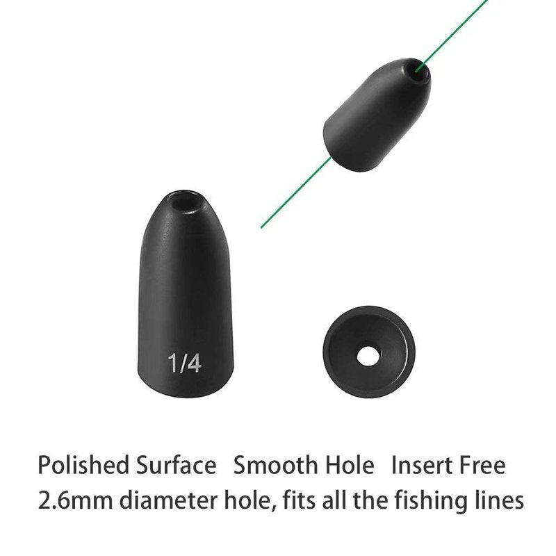 Fishfun Tungsten Bullet Fishing Weights, Insert Free Worm Sinkers, 12 Pack, 1/16oz, No Chip Black