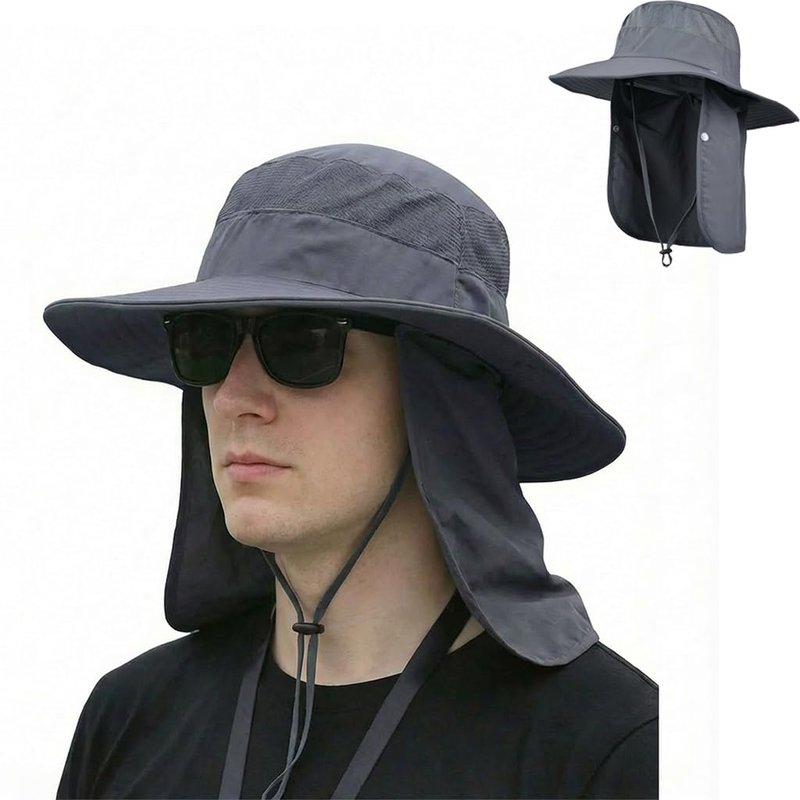 Sun Hat Bucket Hats for Men Women,Outdoor Wide Brim Fishing Hat with Detachable Face Cover & Neck Flap UV Protection Khaki