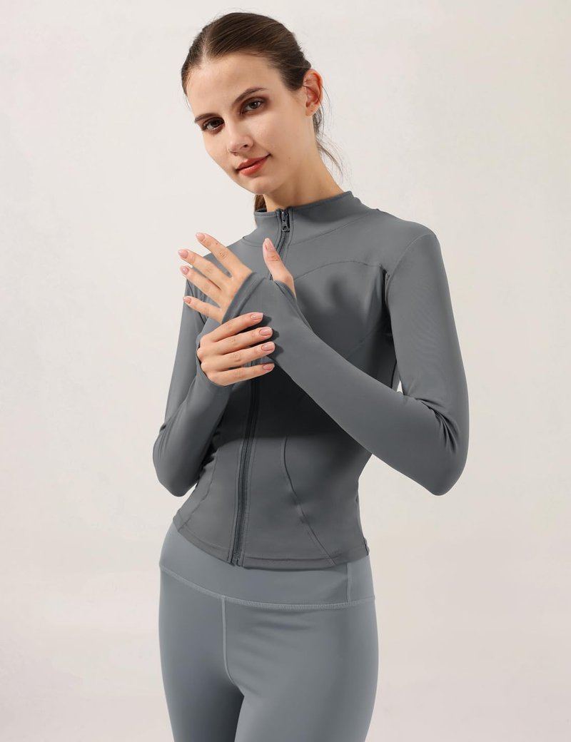 Gacaky Women's Slim Fit Lightweight Athletic Full Zip Stretchy Workout Running Track Jacket with Thumb Holes Grey M