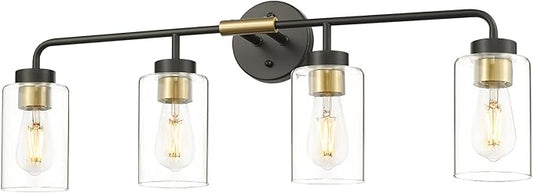 zeyu Farmhouse 4-Light Bathroom Vanity Light, 30 Inch Bathroom Lights Over Mirror, Black and Gold Finish with Clear Glass, ZS62B-4W BK+BG