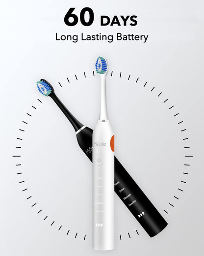 MySmile Electric Toothbrush for Adults, Rechargeable Sonic Electronic Toothbrush with 6 Brush Heads and Travel Case, 5 Modes 2 Mins Smart Timer, 48000VPM 10X Powerful