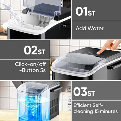 DUMOS Countertop Ice Maker with Handle, 26lbs/24H Portable Ice Machine, 9 Bullet Ice Cubes Ready in 6 Mins, Self-Cleaning, Quiet Compact Ice Maker for Home, Kitchen, RV, Camping, Black