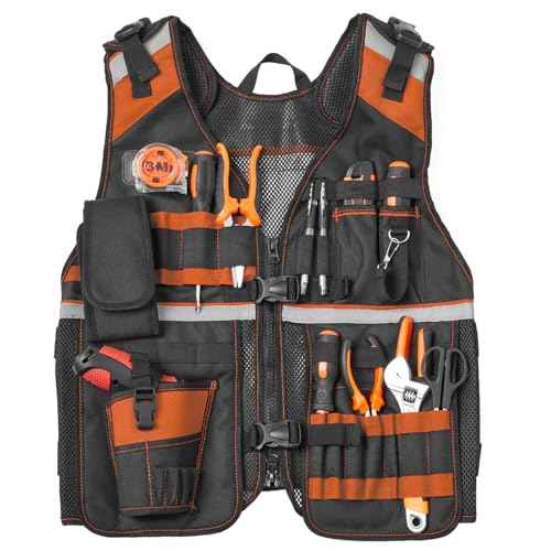 Electrician Tool Vest for Men, Reflective Safety Work Vest with Adjustable Thick Straps, Removable Phone Holder for Electrical, Carpenters, Construction, 22 Pockets