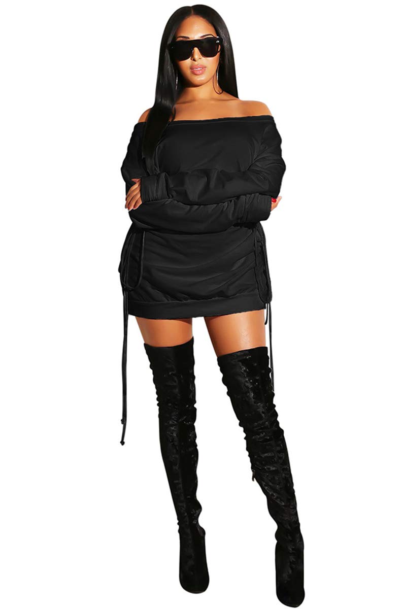 Deloreva Women Long Sweatshirt Dress - Off The Shoulder Tunic Top Oversized Loose Fit T Shirt Mini Dress Black XL