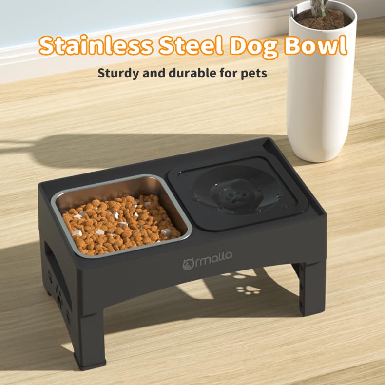 Ormalla Elevated Dog Bowls with No Spill Dog Water Bowl, Raised Stainless Steel Dog Food Bowl for Large Medium Small Dogs, Non-Slip Dog Bowl Stand, 4 Heights 3.7", 8.5", 10.1", 11.7",Black