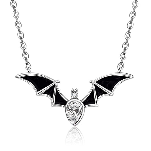 Halloween Bat Necklace for Women Sterling Silver 925 Bat Pendant Necklaces Charms Gothic Black Bats Jewelry CZ Crystal Dainty Vampire Witch Christmas Gifts
