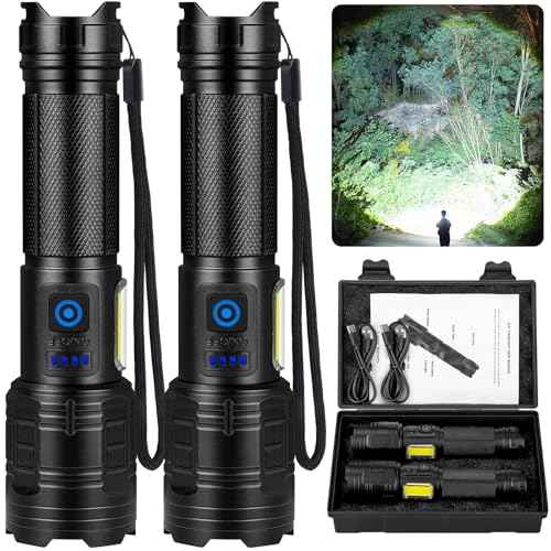 Rechargeable Flashlights 90,000 High Lumens - 2 Pack, Super Bright Flash Light with 7 Lighting Modes, 24H Long Life Powerful Flashlight with Side Light, IPX7 Waterproof Flashlight for Camping Home