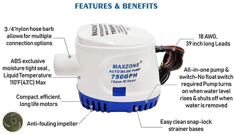 Automatic Submersible Boat Bilge Water Pump 12v 750gph Auto with Float Switch (750 GPH)