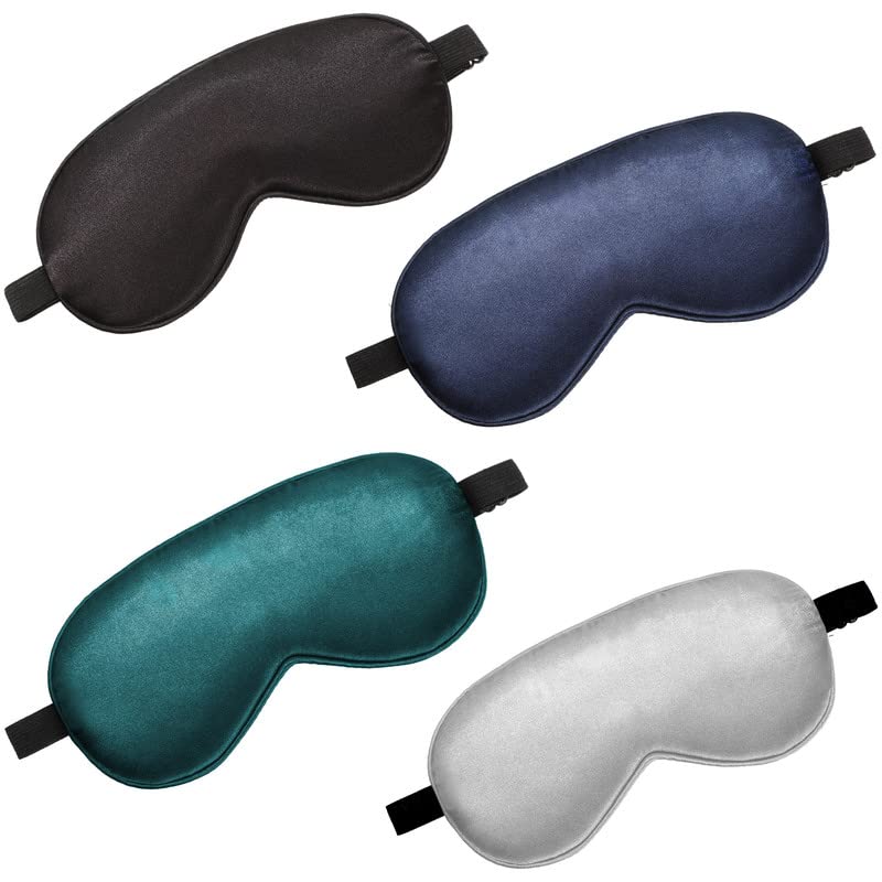 BBTO 4 Pcs Silk Sleep Eye Masks Smooth Soft Satin Eye Covers with Adjustable Strap Blindfold for Sleeping Blocking Out Lights Travel Relaxation (Royal Blue, Dark Green, Navy Blue, Black)