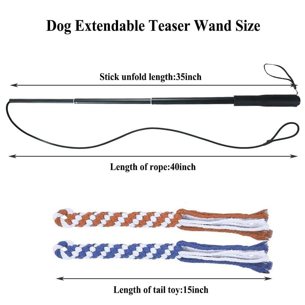 ASOCEA Flirt Pole for Dogs，Extendable Teaser Wand Pet Flirt Stick Outdoor Interactive Toy with 2 Chasing Tail Chewing Cotton Rope for Small Medium Large Dogs Training Pulling