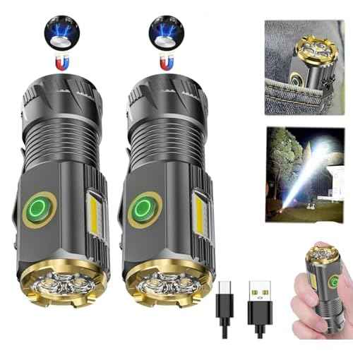 Rechargeable mini LED Flashlight, 9000 lumens Ultra Bright Small Flashlight, with Clip and Magnet, IPX6 Waterproof, 6 Modes, Suitable for Camping, Hiking, and Emergency situations (2-Piece Set)