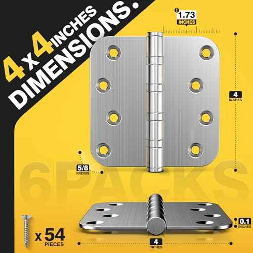 KOLET Ball Bearing Door Hinges, 4 x 4 Inches Door Hinges, 5/8'' Radius Corner Hinges, Heavy Duty Stainless Steel, Smooth and Quiet, Non Removable Pin, Brushed Nickel, 6 Pack