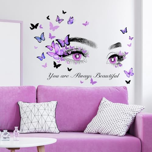 Beautiful Eyelash Eyes Wall Stickers, Purple Flying Butterfly Peel and Stick Wall Decals, Bedroom Living Room Sofa TV Background Art Wall Decor