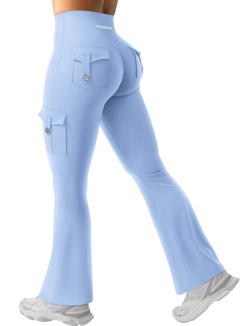YEOREO CoreFlex Women Workout Flare Leggings with Pockets Scrunch Cargo Gym Yoga Leggings Light Blue M