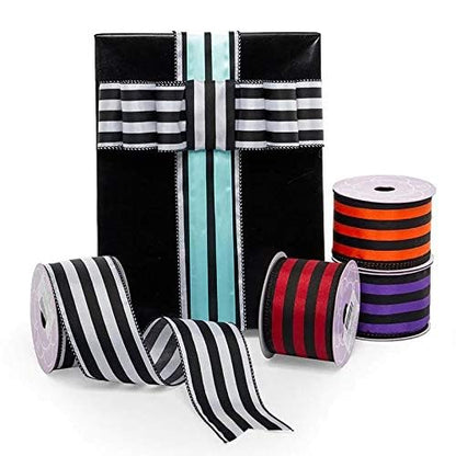 2 1/2" X 10 Yards Black/White Carnival Stripe Wired Ribbon Halloween