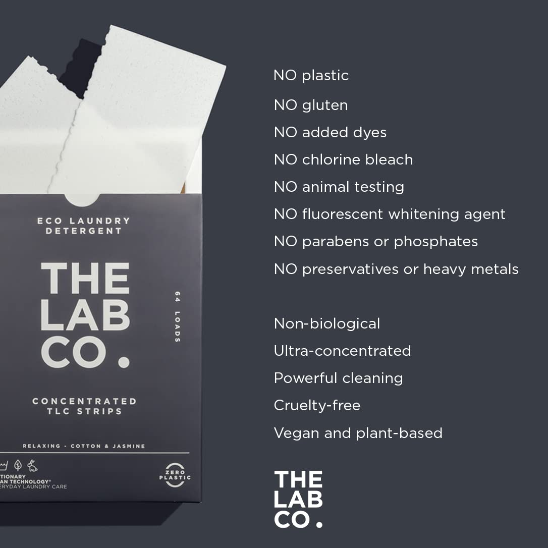 The Lab Co. Laundry Detergent Strips Sheets | 64 Loads | Eco Ultra-Concentrated | Non-Bio for Sensitive Skin | Relaxing Fragrance Cotton Lavender Jasmine
