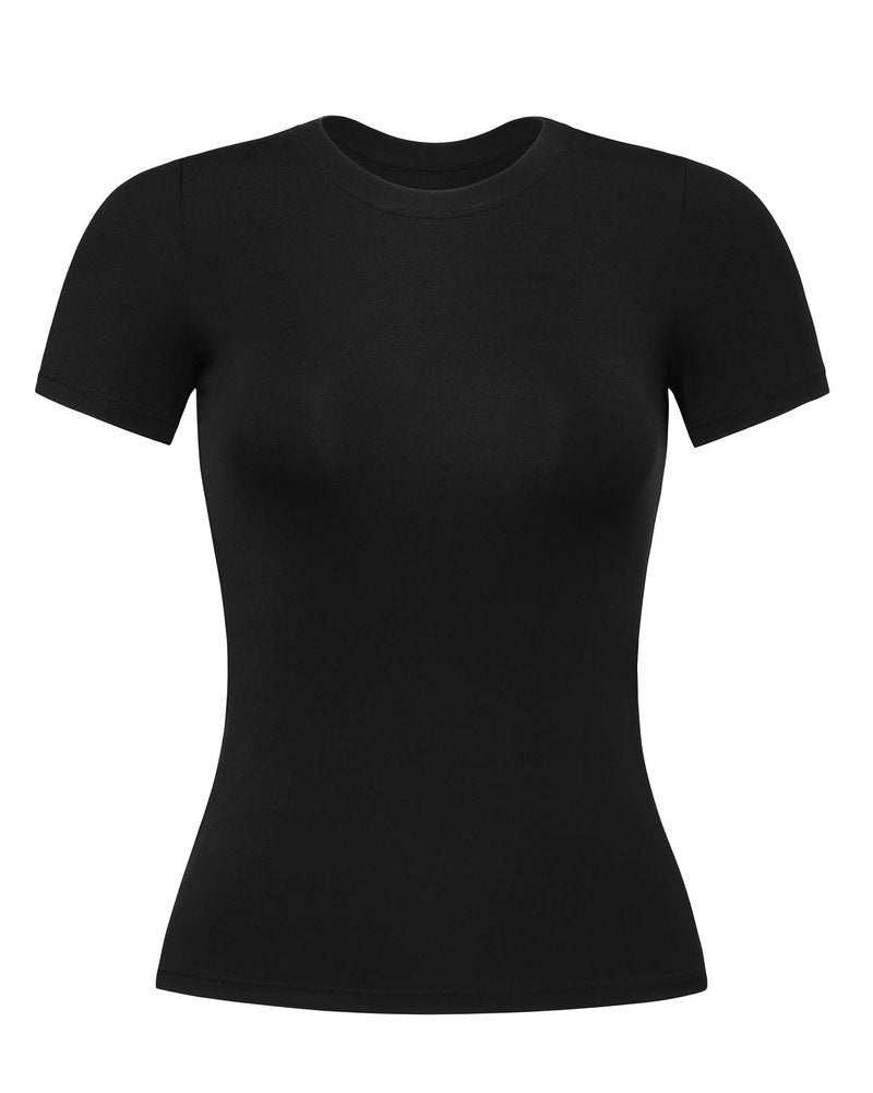 AUROLA Everyday Fitted T-Shirt for Women,Crew Neck Basic Short Sleeves T ShirtCrop Tops Modal Slim Fit Tee (Black,M)
