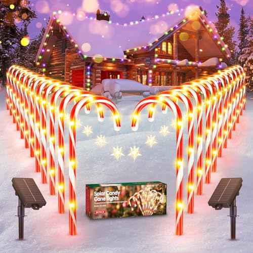 Christmas Decorations Outdoor, 24 Pack Solar Candy Cane Lights Christmas Yard Decorations with 10 Modes and Bright 144 LED, 28ft Longer Waterproof Candy Cane Pathway Lights Xmas Gift
