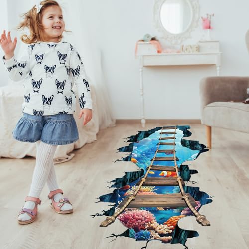 PLIGREAT 2 Sheets 3D Floor Stickers, Undersea Bridge Wall Decals Vinyl Sea World Ocean Bridge Wall Stickers Removable Peel and Stick Wall Decor for Bedroom Bathroom Living Room Nursery School