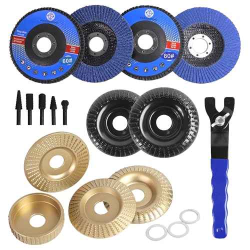 19 Pcs Wood Carving Disc Set for 4" & 4.5" Angle Grinder | Stump Tool Grinding Wheel Disc with 7/8"-5/8" Adapter Ring | Woodworking Cutting Shaping Sanding Polishing Discs Kit for Quick Carving