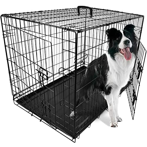 DogCrates+ Large Foldable Dog Crate with 2 Doors, Non-Chew Metal, Removable Tray, 36-Inch Black