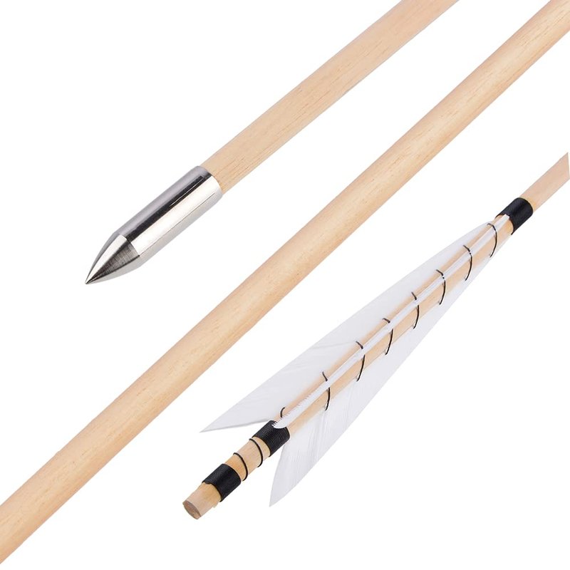 ZSHJGJR 32" Traditional Wooden Arrows Archery Hunting Arrows Wooden Arrow Shaft Arrows Practice Targeting with Turkey Feathers Fletching for Traditional Recurve Bow Longbow 6/12pcs (White, 12)