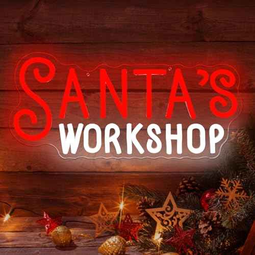 Santas Workshop Neon Sign Christmas LED Sign for Shop Boutique Gift Party USB Powered Christmas Workshop Decorations Light Up Sign for New Year Party Red Neon Wall Art Brackdrop for Home