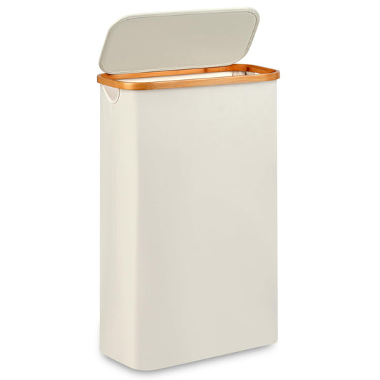 Merkisa Slim Laundry Hamper,Narrow laundry Hamper with Lid,60L Hamper for Laundry,Dirty Cloth Hamper with Bamboo Handle for Towels, Clothes Organizing,Beige