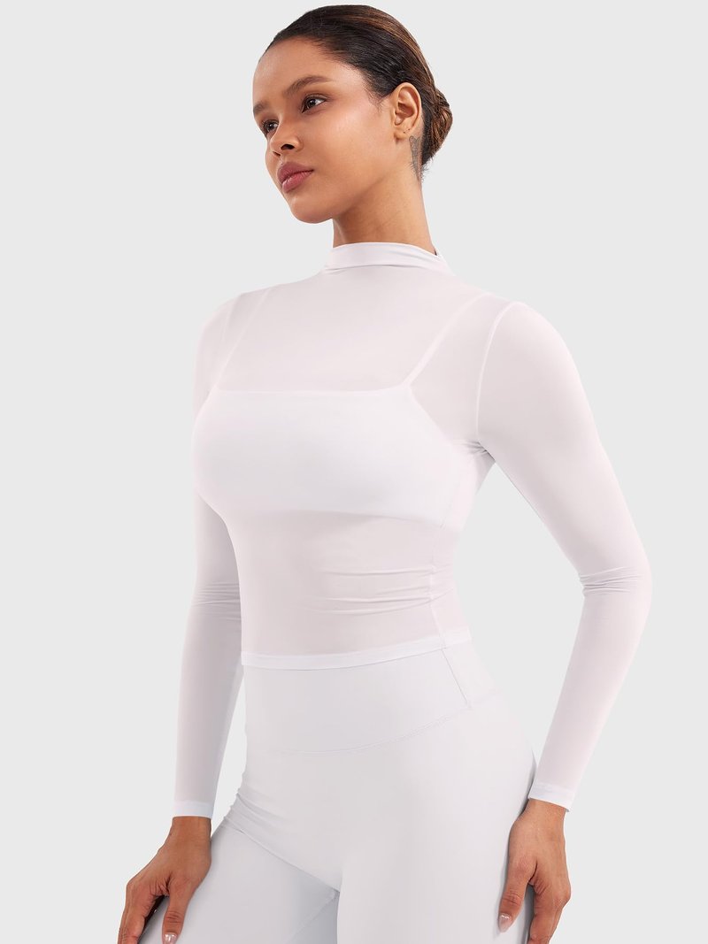 YEOREO Womens Sheer Tops Long Sleeve See Through Tops Mock Neck Slim Fit Workout Shirt Jamy Going Out Sexy Shirts White M