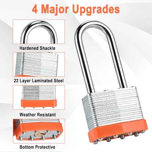 6pcs Solid Keyed Alike Padlock with 12 Same Keys - Resist Cutting, Gym Locker Lock with Key, Storage Pad Lock for Locker Gym Gate Outdoor Indoor Use (Long Shackle)