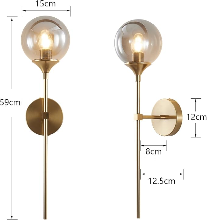KCO Mid-Century Modern Wall Mounted Sconces Set of 2 Smoke Gray Glass Globe Wall Lamps with Long Arm Industrial Gold Wall Lights Fixture for Bedroom Bedside Stairway Hallway