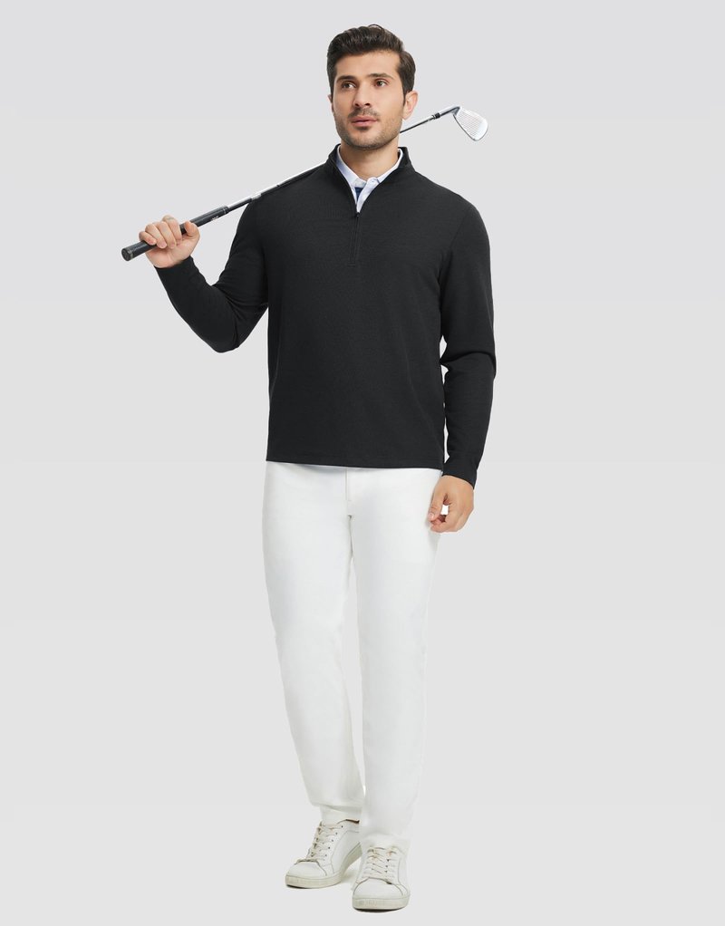 Rouen Mens Quarter Zip Pullover Performance Solid Casual Golf Long Sleeve Half Zip Pullover Sweatshirts for Men Black