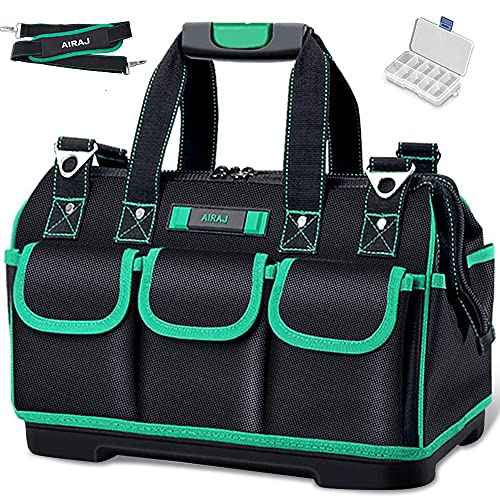 AIRAJ Tool Bag 18 Inch,Wide Mouth Tool Bags for Men Heavy Duty With Waterproof Molded Base,Tools Organizer for Home Repairs,Garage Storage,Professional Work,Adjustable Shoulder Strap,Green