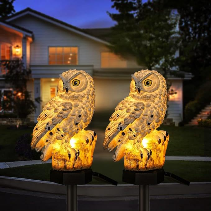 Hoofun Owl Solar Garden Lights 2pcs Waterproof Outdoor Decor LED Lawn Lamp Solar Powered Ornaments for Yard, Patio, Garden Landscape Lighting (White)