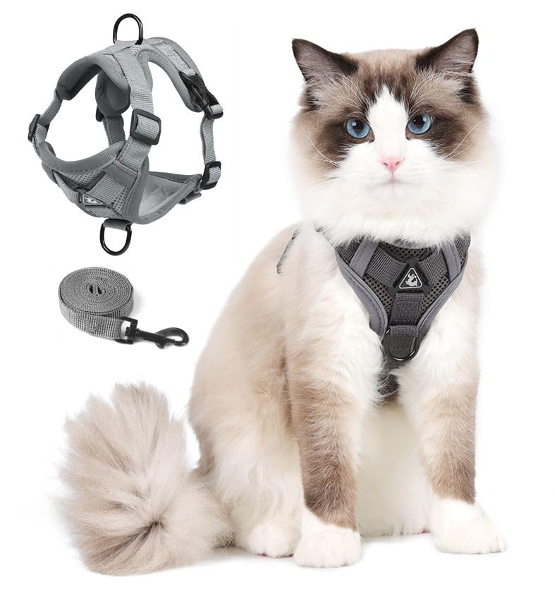 Cat Harness and Leash Set, Upgraded Escape Proof Adjustable Kitten Vest with Lead for Small Cat Outdoor Walking, Soft Breathable Mesh Jacket with Reflective Strips for Dark Night (S, Mature Gray)
