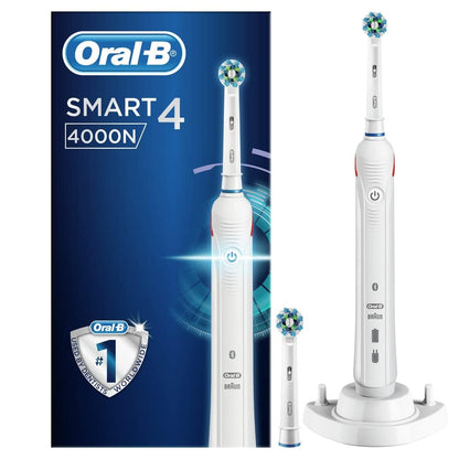 Oral-B Smart 4 Electric Toothbrushes For Adults, Mothers Day Gifts For Her / Him, App Connected Handle, 2 Cross Action Toothbrush Heads, 3 Modes with Teeth Whitening, 2 Pin UK Plug, 4000N, White