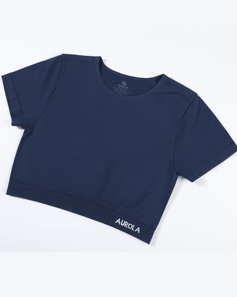 AUROLA Essentials Seamless Short Sleeve Crop Top for Women Workout Active Comfort Athletic Shirts Tee,Tuxedo Blue,M